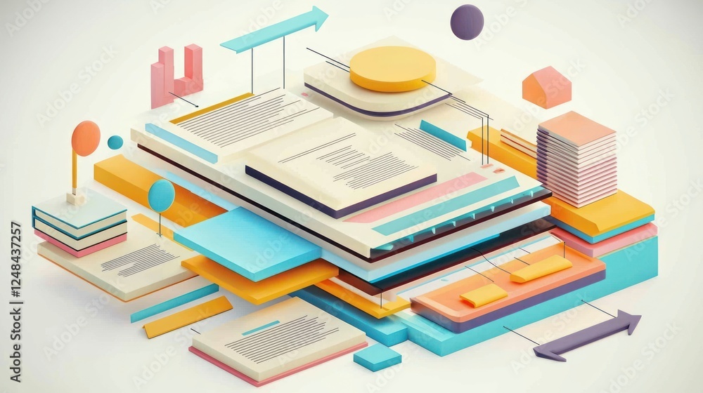 Aufkleber abstract isometric composition of colorful geometric shapes and text blocks