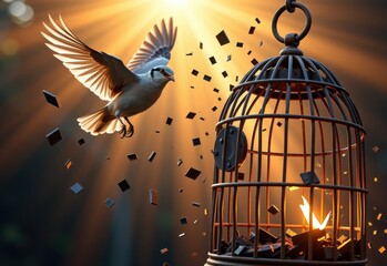 Fototapeta premium A white dove takes flight from a broken birdcage, symbolizing freedom and liberation.