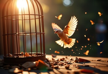 Fototapeta premium A white dove takes flight from a broken birdcage, symbolizing freedom and liberation.