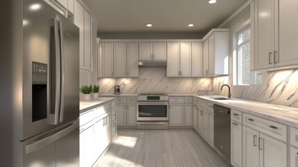 A minimalist kitchen with clean white cabinetry, stainless steel appliances, and a marble countertop, reflecting a serene atmosphere.
