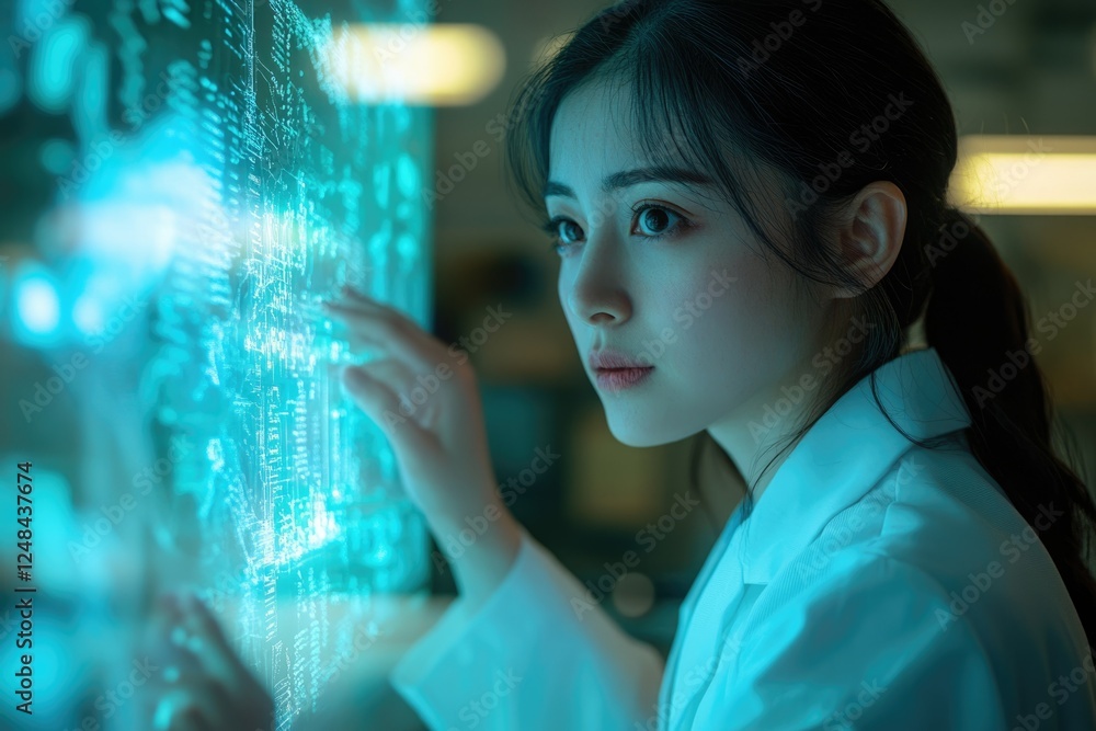 Poster a young scientist interacts with a holographic interface displaying complex data, likely conducting 
