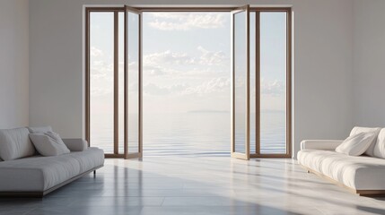 Fototapeta premium Coastal Living Room with Ocean View: Tranquil Interior Design