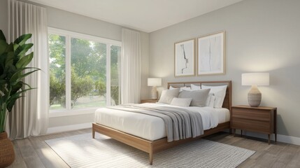 A modern bedroom featuring a stylish platform bed with a minimalist design, crisp linens, and a large window letting in natural light.
