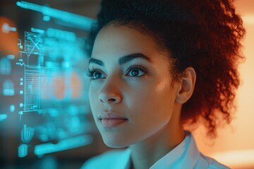 Obraz premium A young woman gazes intently at a futuristic, cyan-hued digital interface.