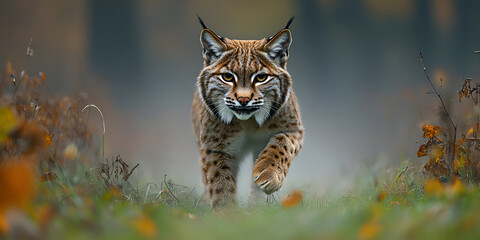 Pouncing lynx in misty forest clearing, showcasing its powerful stride and keen gaze