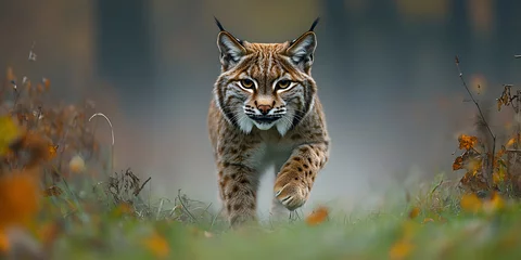 Pouncing lynx in misty forest clearing, showcasing its powerful stride and keen gaze