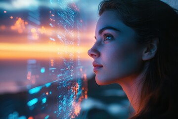 A woman gazes at a futuristic, glowing digital interface at sunset, contemplating data streams.