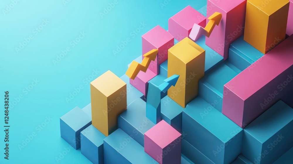 Poster abstract growth chart: colorful 3d blocks and upward arrows representing progress and success in bus