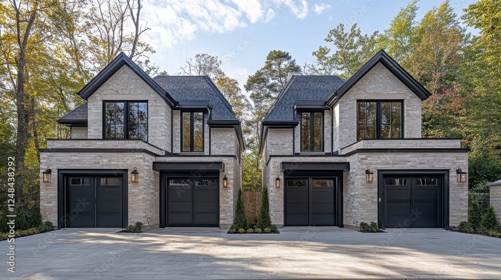 Poster a newly built pair of twin homes with separate garages and identical architectural features, capture