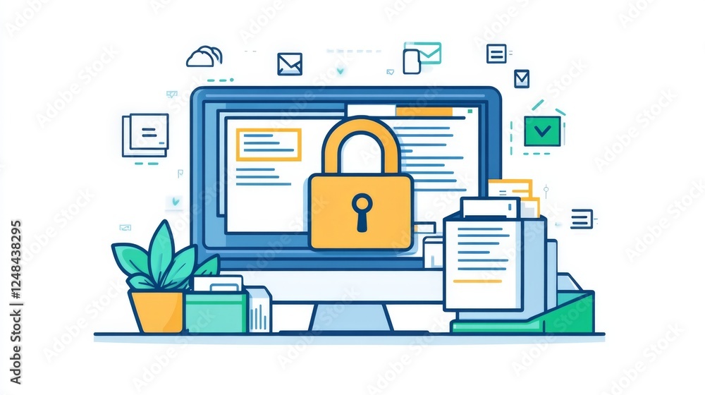 Fototapete a padlock over a computer screen showing files and data, representing secure data storage and encryp