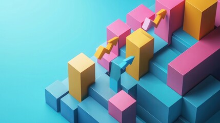 Obraz premium Abstract Growth Chart: Colorful 3D Blocks and Upward Arrows Representing Progress and Success in Business and Finance