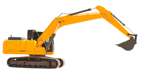 Excavator backhoe digging in construction zone industrial machinery ground level view,isolated on transparency background