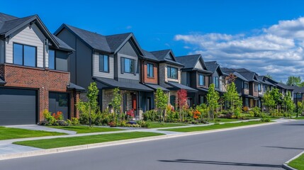 Obraz premium A modern twin house community, with a row of homes showcasing clean lines, contemporary design, and matching facades.