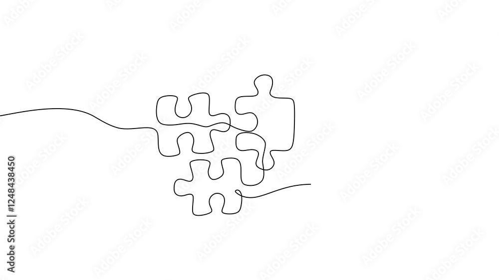 Poster continuous one line drawing animation of jigsaws on white background. puzzle game symbol and sign bu
