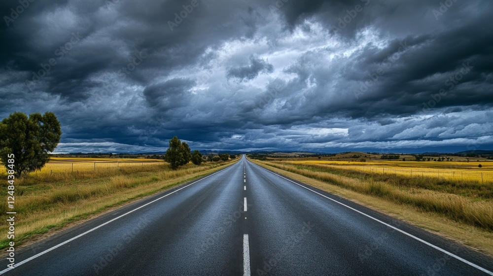 Poster a panoramic view of a motorway cutting through a rural area, bordered by fields and trees under a cl