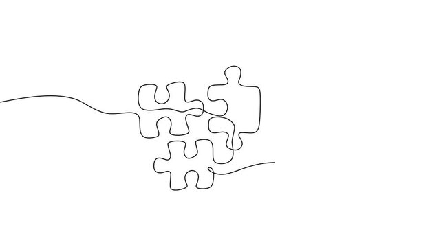 Continuous one line drawing animation of jigsaws on white background. Puzzle game symbol and sign business metaphor of problem solving, solution, and strategy. Animation video