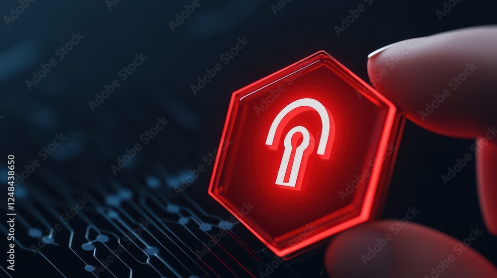Poster hand holding a red unlock symbol with circuit patterns in background