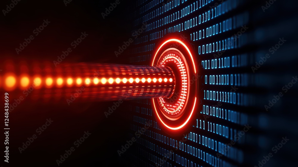 Poster futuristic data tunnel with binary code and neon light effects