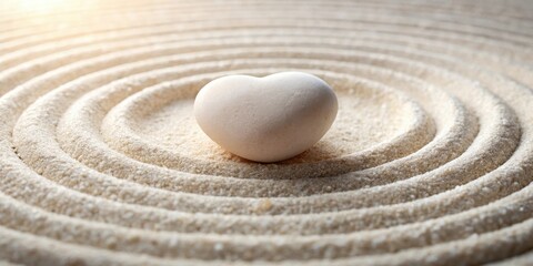 Naklejka premium Serene Heart Shaped Stone in a Tranquil Sand Garden, Representing Inner Peace and Harmony