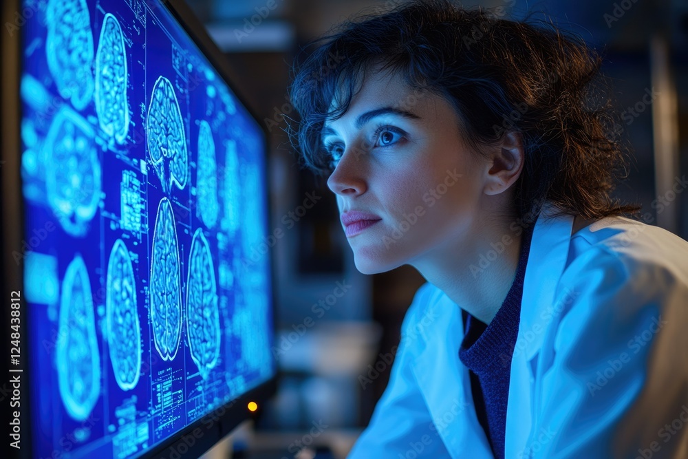 Poster a female scientist intently studies brain scans displayed on a computer screen, deeply engrossed in 