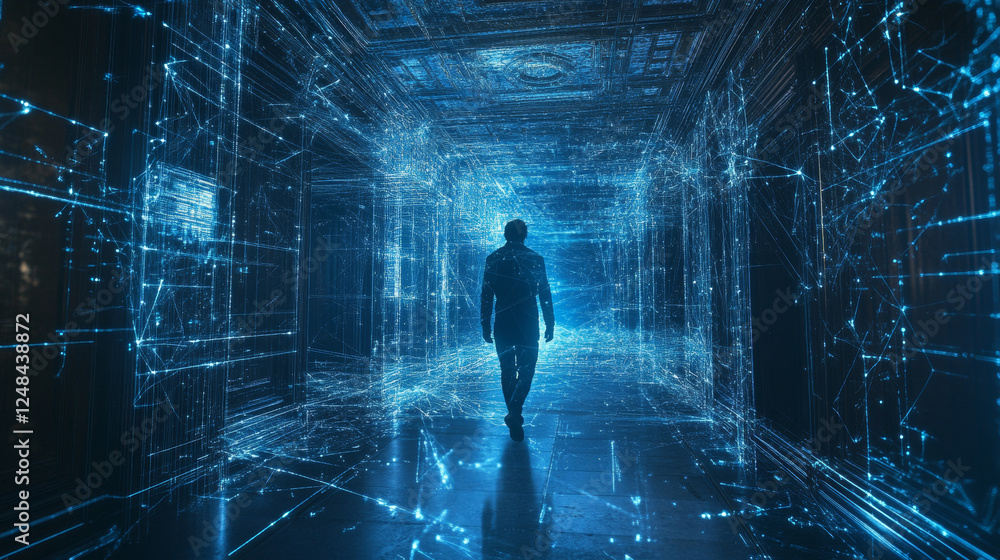 Poster data technology abstract futuristic cyan low poly shape glowing wire mesh surface on dark background