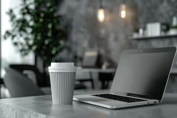 A laptop and a disposable coffee cup sit on a concrete table in a modern, dimly lit office.
