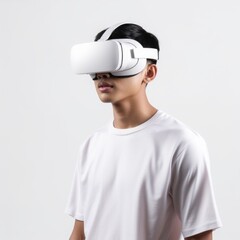 Young people wear visual goggle watching multi media in white background