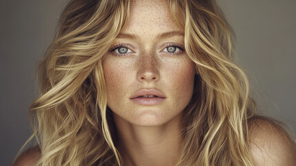 Naklejka premium Portrait of a Freckled Blonde Woman with Blue Eyes, Minimal Makeup, and Soft Lighting for Beauty and Skincare Campaigns