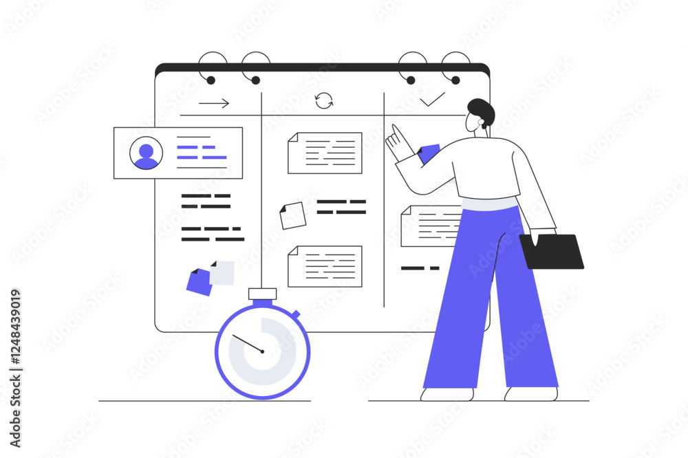 Poster task management concept. man character task management application, business software, productivity 