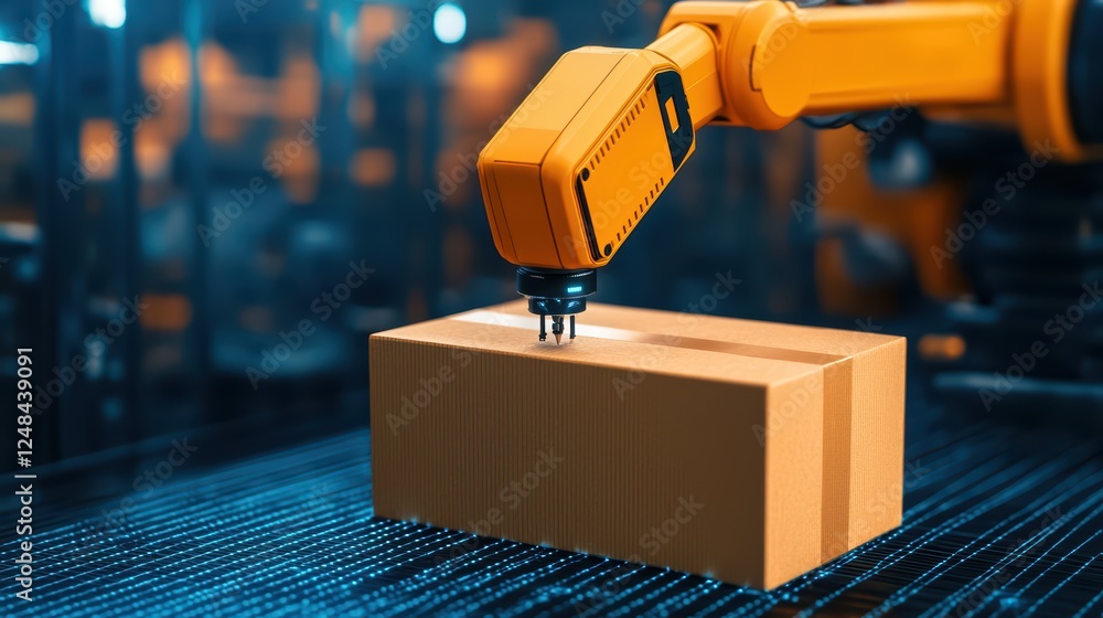 Poster robotic arm handling package in automated warehouse environment