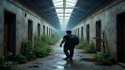 Urban explorer photographing abandoned factory