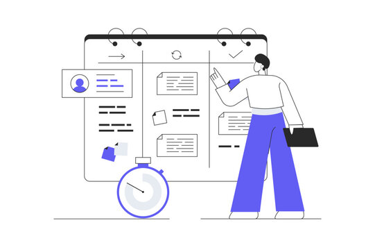 Task management concept. Man Character Task management application, business software, productivity online platform, progress tracking. Flat Cartoon Vector Illustration, icon. Stylish abstract 