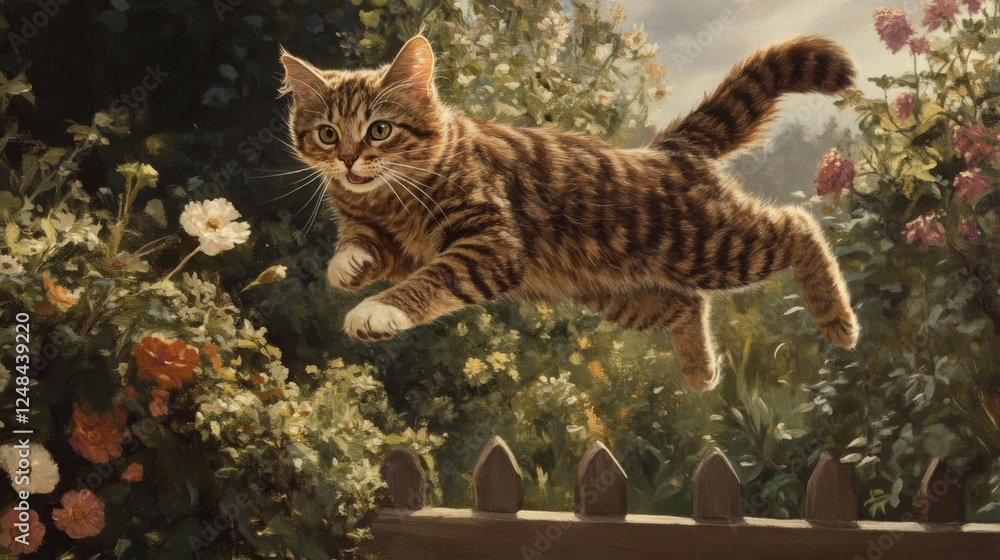 Poster a playful tabby leaping over a small fence in a garden, with flowers and greenery framing the scene.