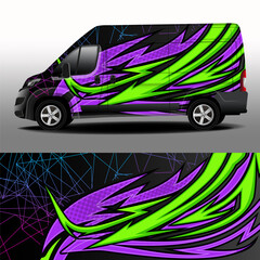 Delivery van vector design. Car sticker. Abstract racing and sport background with purple and light green stripes for racing livery or vinyl car decal for daily use. Car design development for company