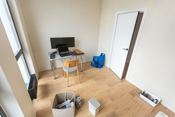 boxes in empty room, movement concept. No people