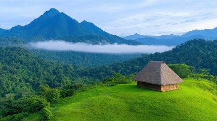 Tranquil Mountain Landscape with Traditional Wooden House in Nature