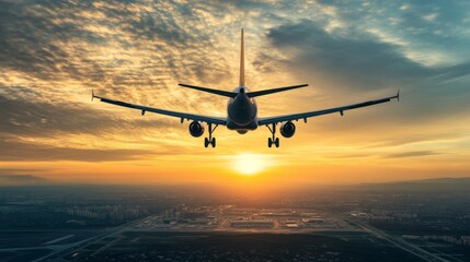 A shot of an airplane in the sky, with its landing gear extended as it approaches an airport with a cityscape below.