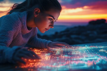 Young woman intensely focused, interacting with a futuristic glowing digital interface at sunset.
