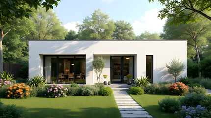 Clean minimalist house and small green garden. Bright flowers bloom in the yard, stone path.