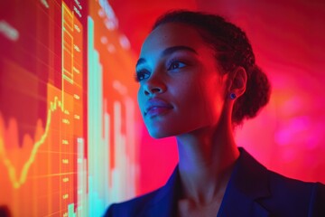 A woman thoughtfully observes dynamic financial data displayed on a vibrant screen, analyzing market trends and investment strategies.