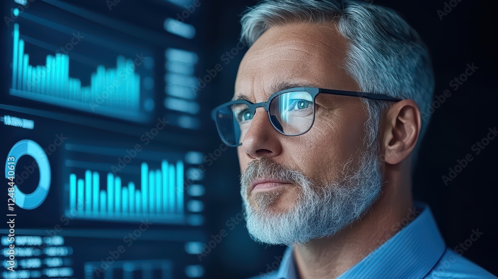 Poster businessman analyzing data trends with digital graphs on screen