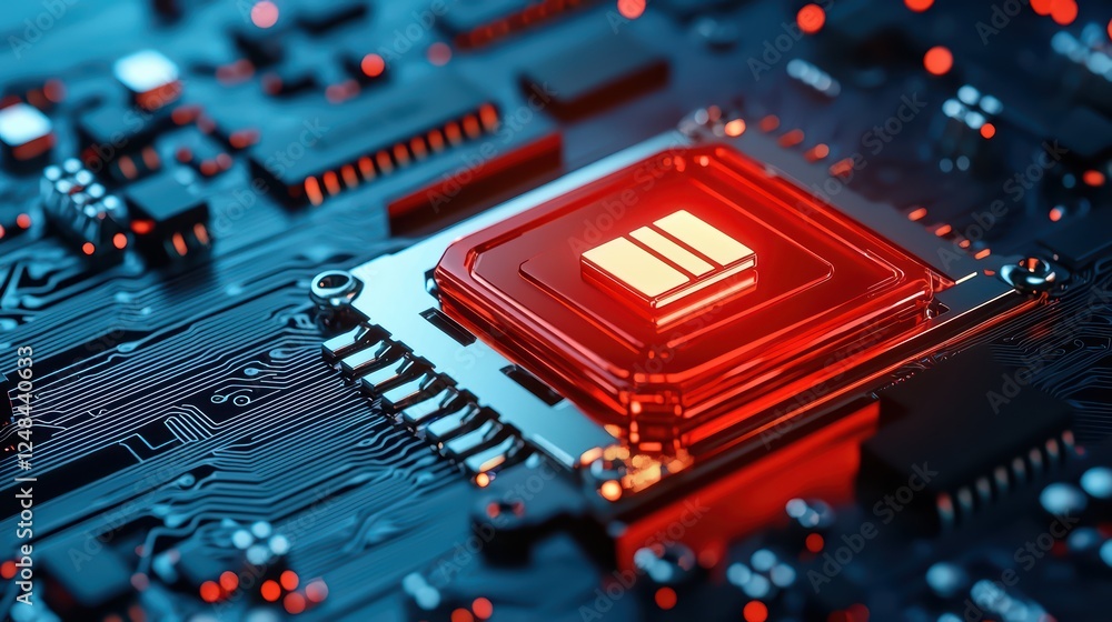 Poster glowing red microprocessor on dark circuit board background