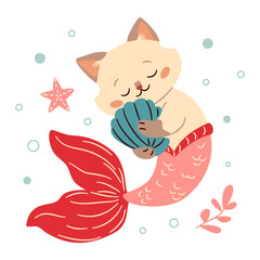 Cute mermaid kitten swimming in the sea holding a shell. Flat vector illustration in a simple children's style. Vector illustration
