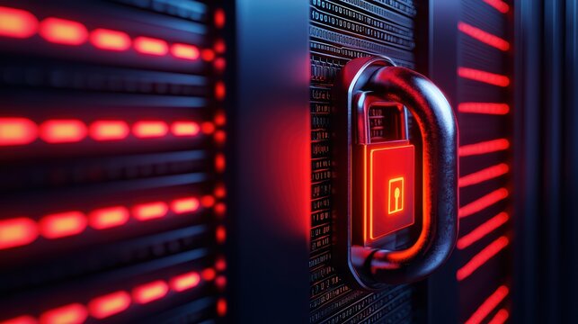 Metallic Padlock on Server with Glowing Red Lights in Cybersecurity