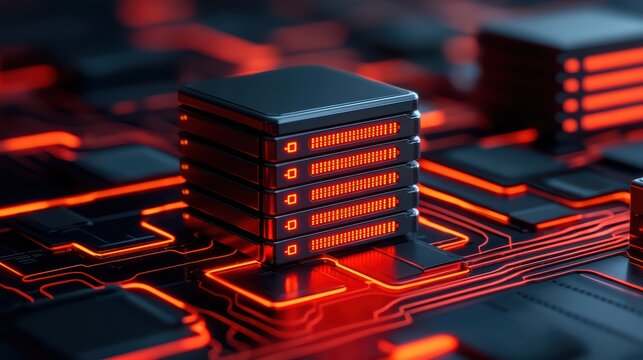 Futuristic Data Center with Bright Red Circuit Designs and Servers