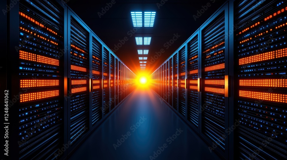 Aufkleber illuminated data center corridor with servers and light reflection