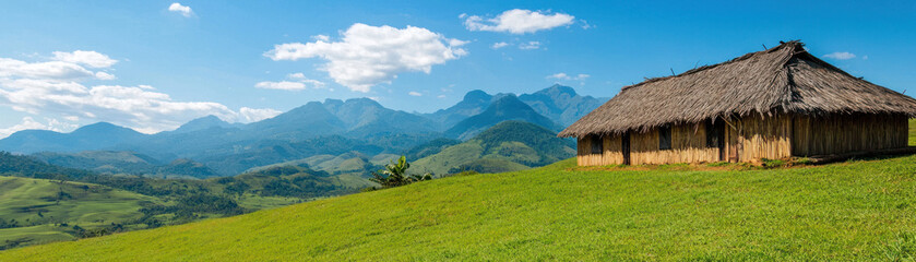 sustainable tourism destination featuring eco lodges amidst lush mountains and green fields, inviting relaxation and adventure