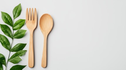 Wooden Fork and Spoon with Green Leaves on a Light Background