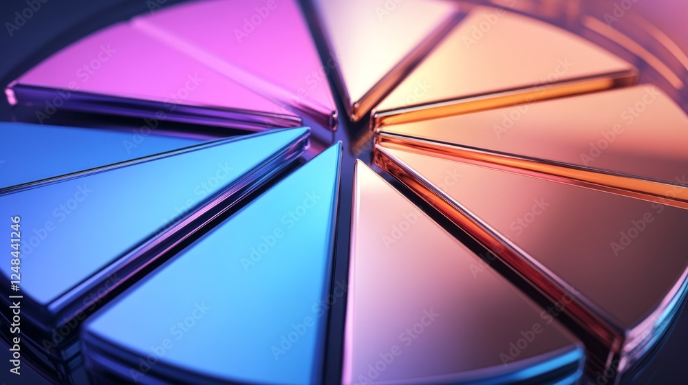Poster A top-down view of a D pie chart representing different financial sectors, with shiny, metallic segments and clear labels indicating various investment categories.