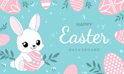 Fototapeta premium Happy Easter banner. Trendy Easter design with typography, eggs in pastel colors. Modern minimal style. Horizontal poster, greeting card, header for website.